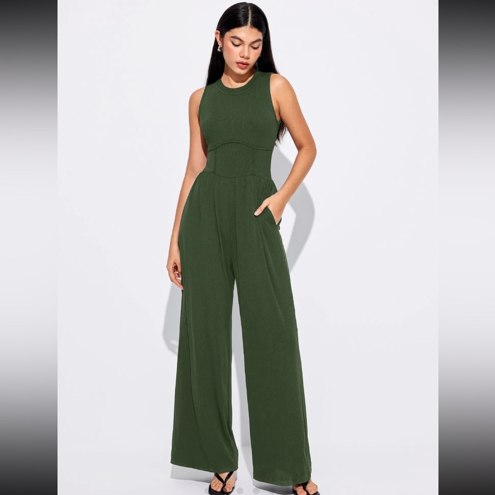 Cider Olive Green Sleeveless Wide-Leg Jumpsuit